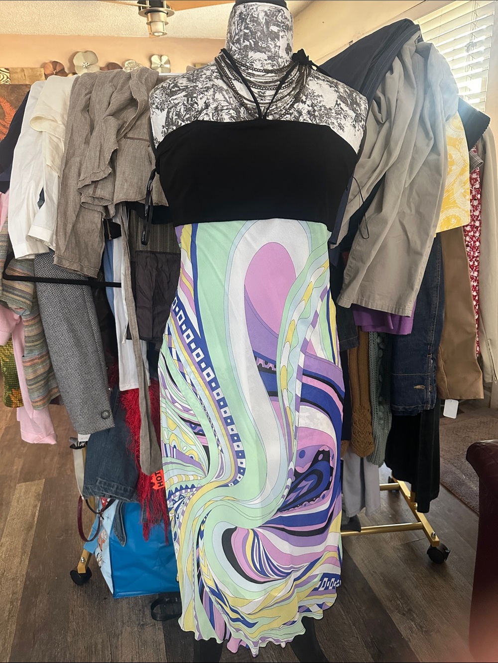 Tessuto Strapless Black Bodice Maxi Dress with Pastel Swirl Print Skirt